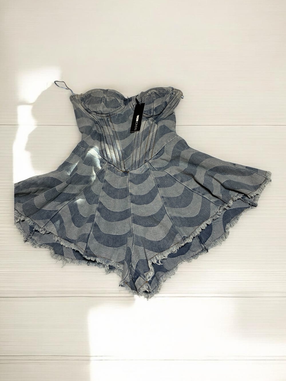 Fashion Nova Blue Striped Denim Bustier Romper Bodysuit